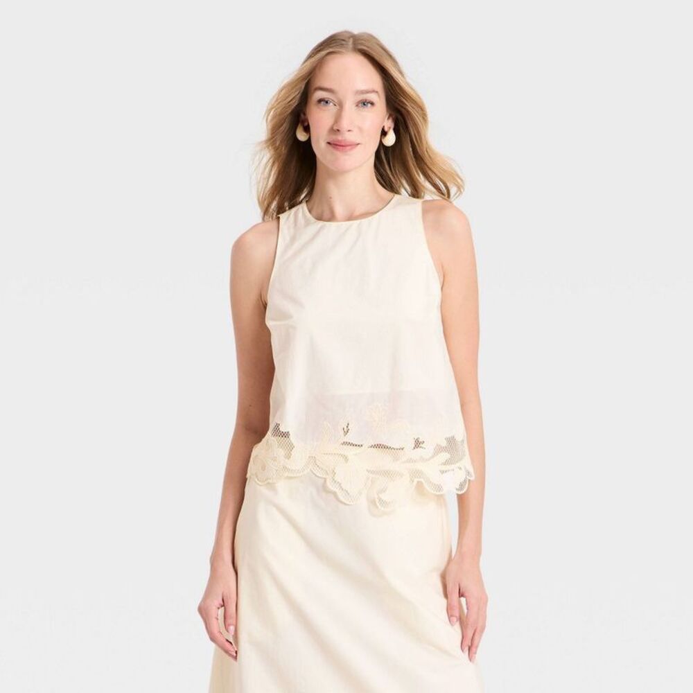Women's Embellished Craft Tank Top - A New Day Cream XL